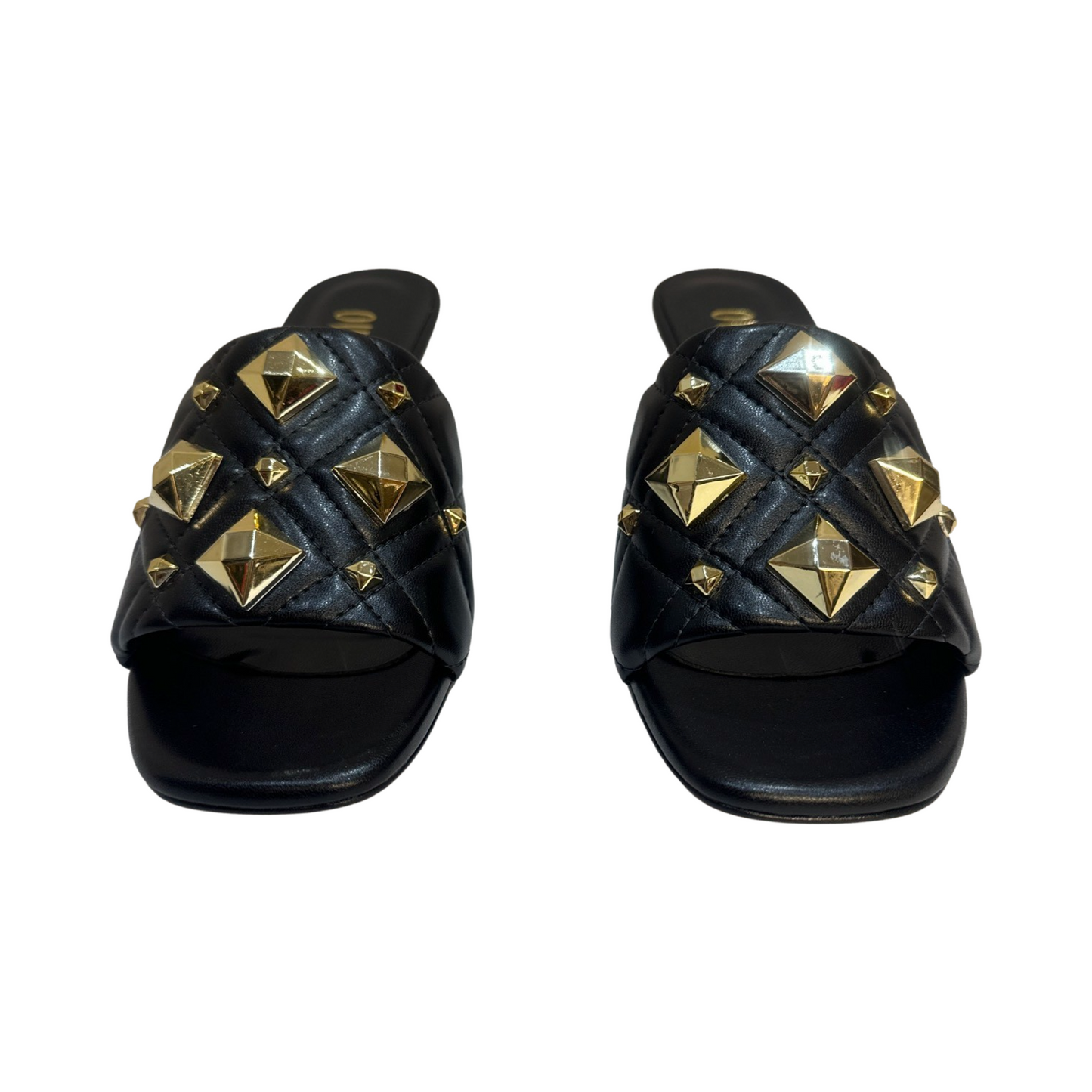 Stud Quilted Sandals with gold studs and black leather, 2-inch block heel.
