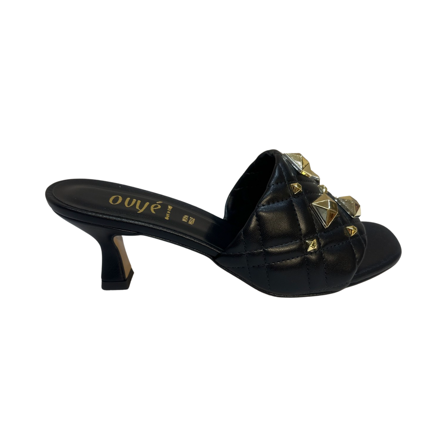 Stud Quilted Sandals with block heel and gold studs, glamorous leather design.