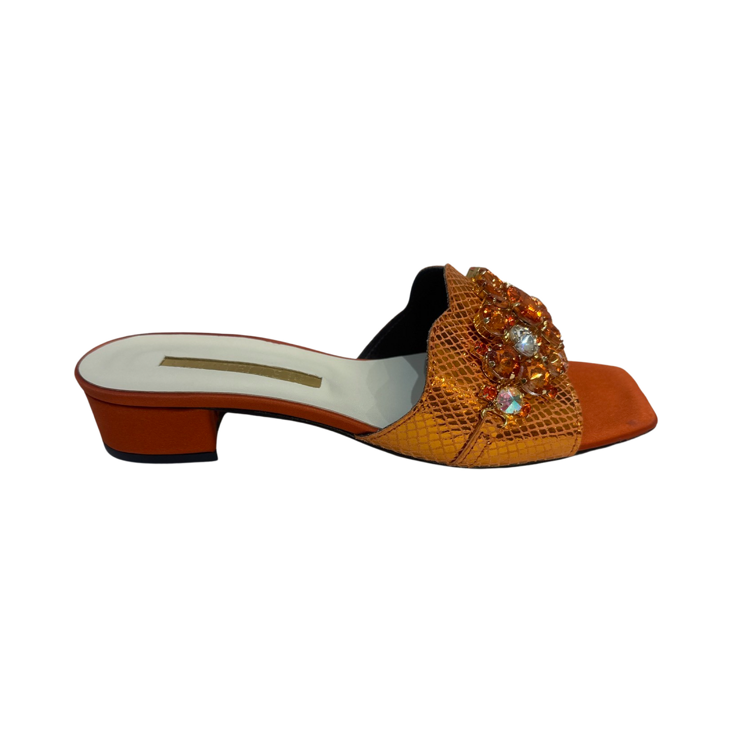 Rhinestone Flat Mules in orange with decorative gemstones and low heel.