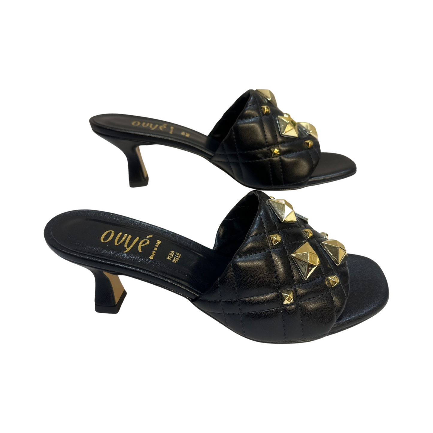 Stud Quilted Sandals with block heel and glam studded design.