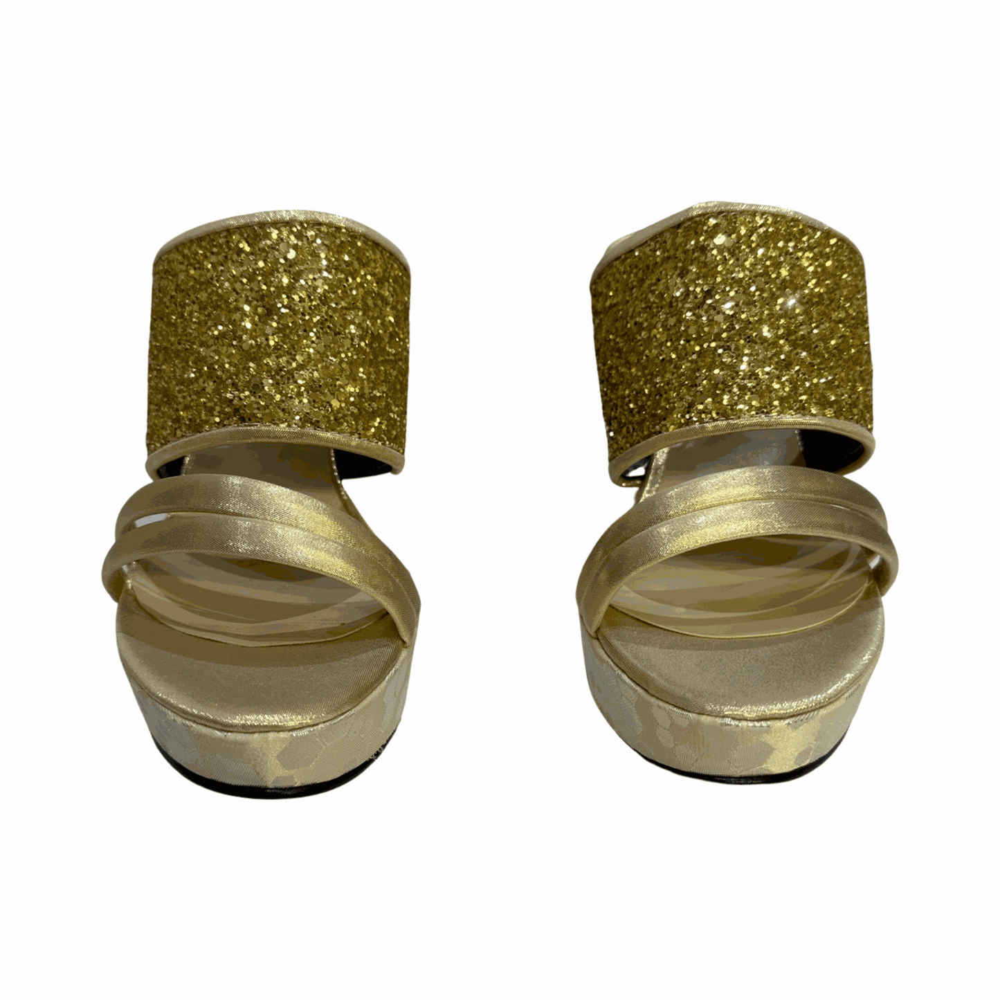 Embellished gold shimmer dressy wedges with rhinestone details and block heel.