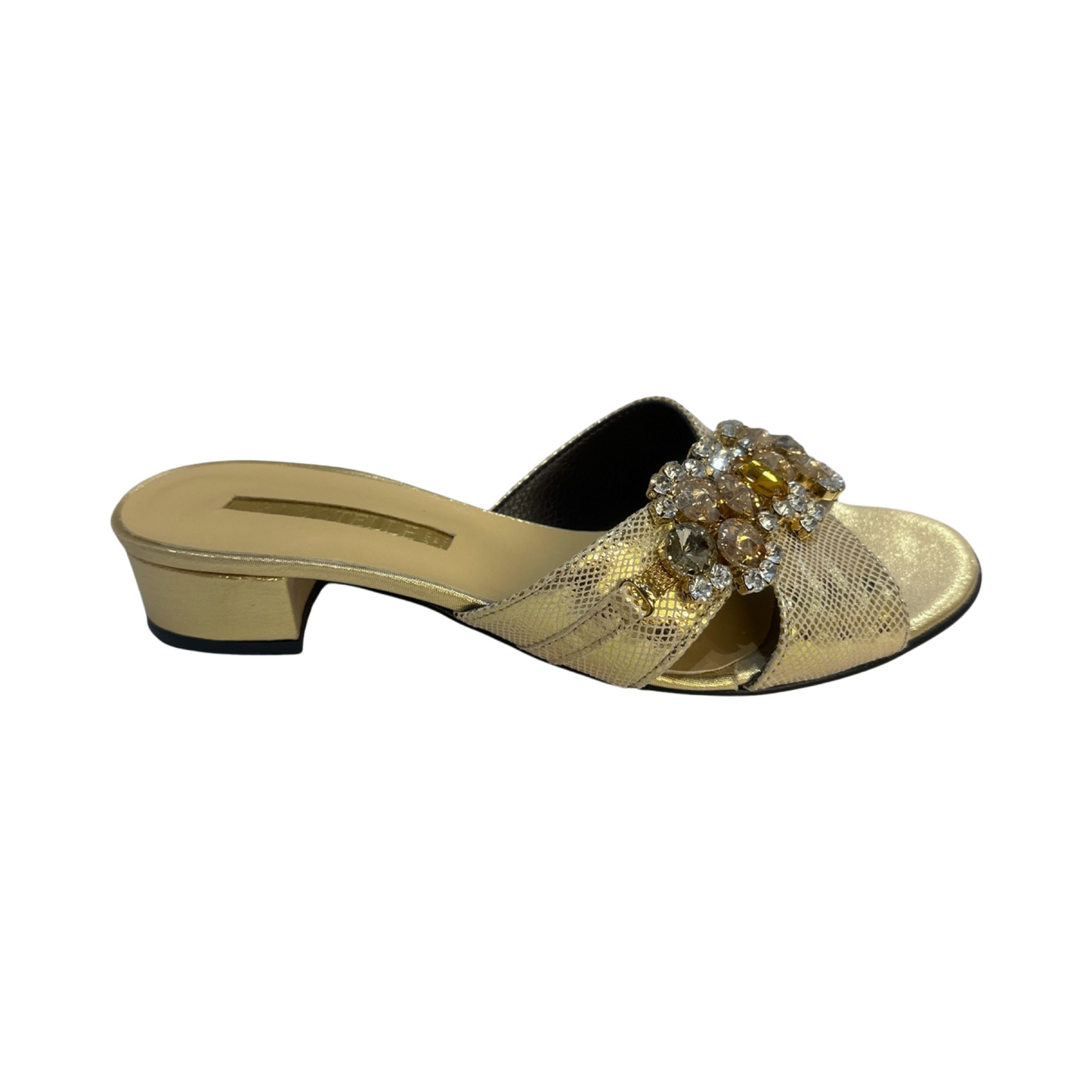 Rhinestone flat mules with embellished upper and low heel.