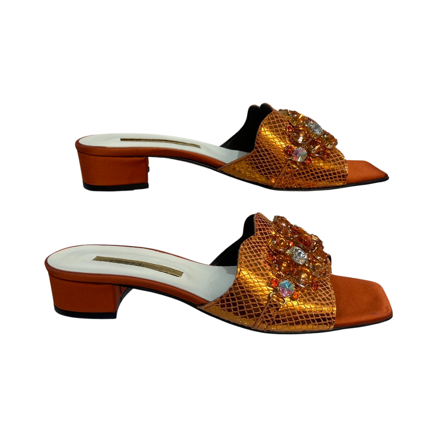 Rhinestone flat mules with colorful embellishments, trendy summer footwear.