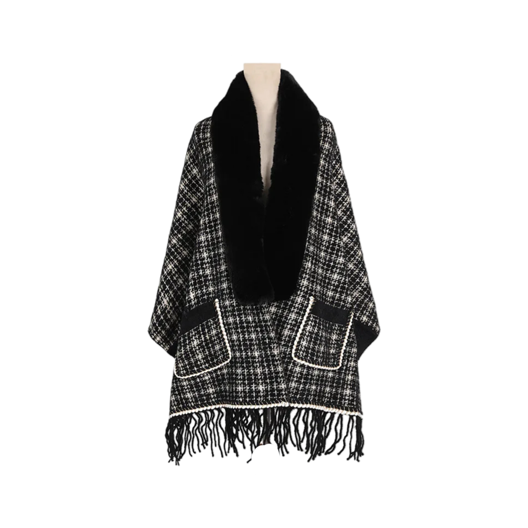 Black Checkered Faux Fur Poncho front