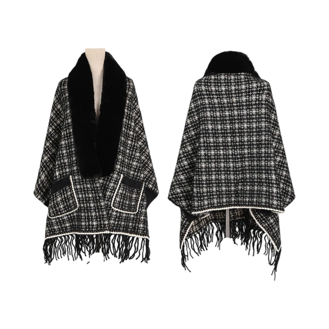 Black Checkered Faux Fur Poncho front and back