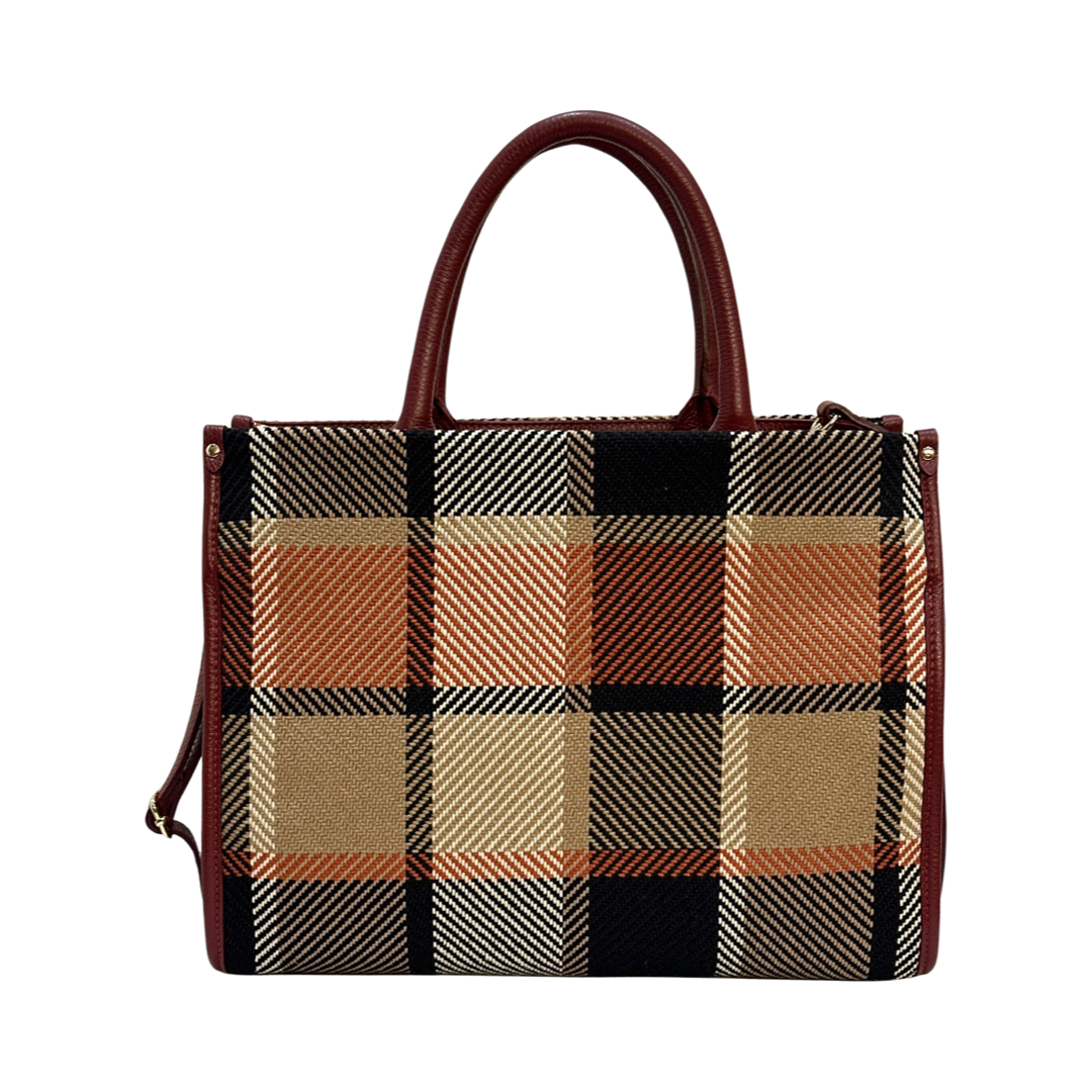 Burgundy Fabric with Leather Tote Bag Back