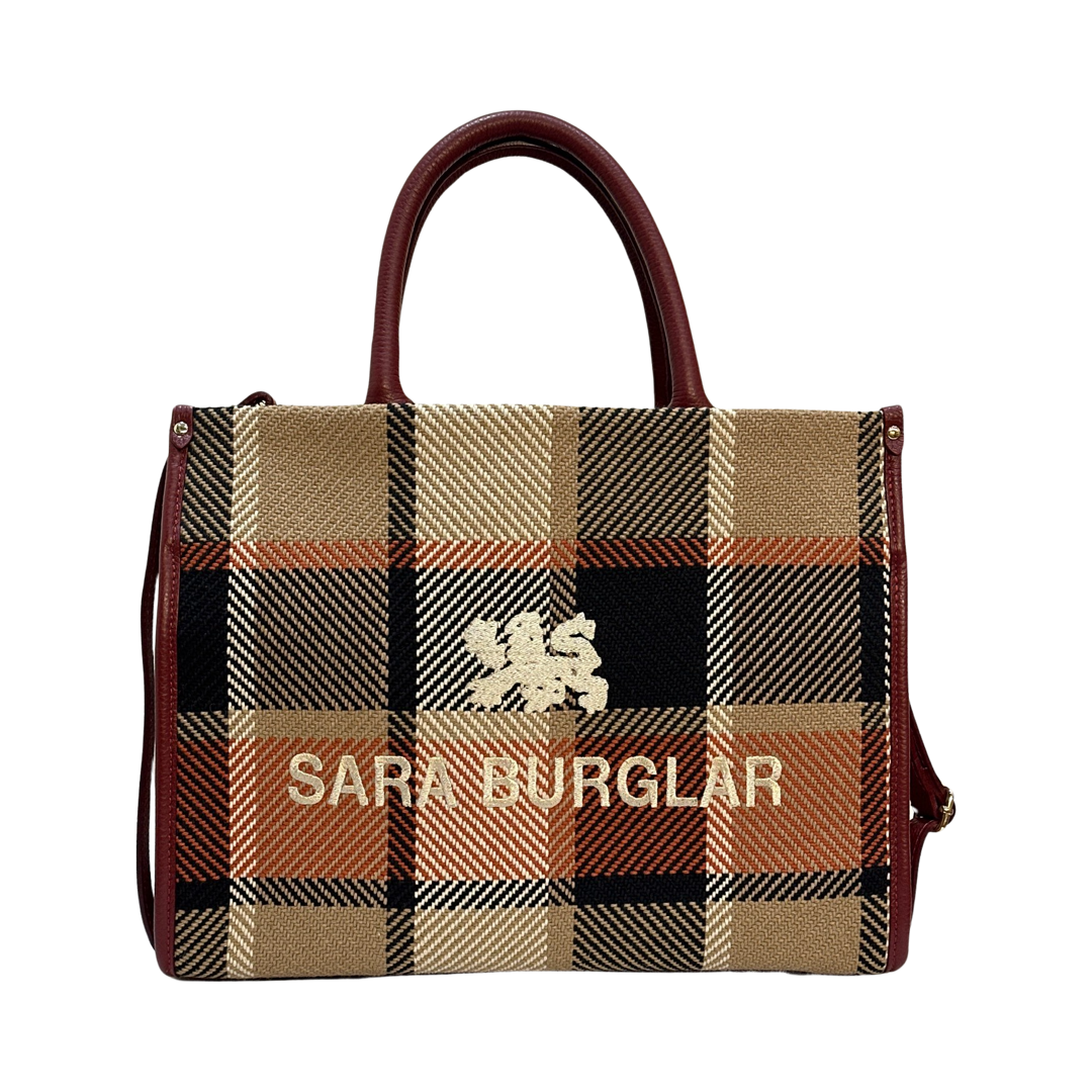 Burgundy Fabric with Leather Tote Bag Front