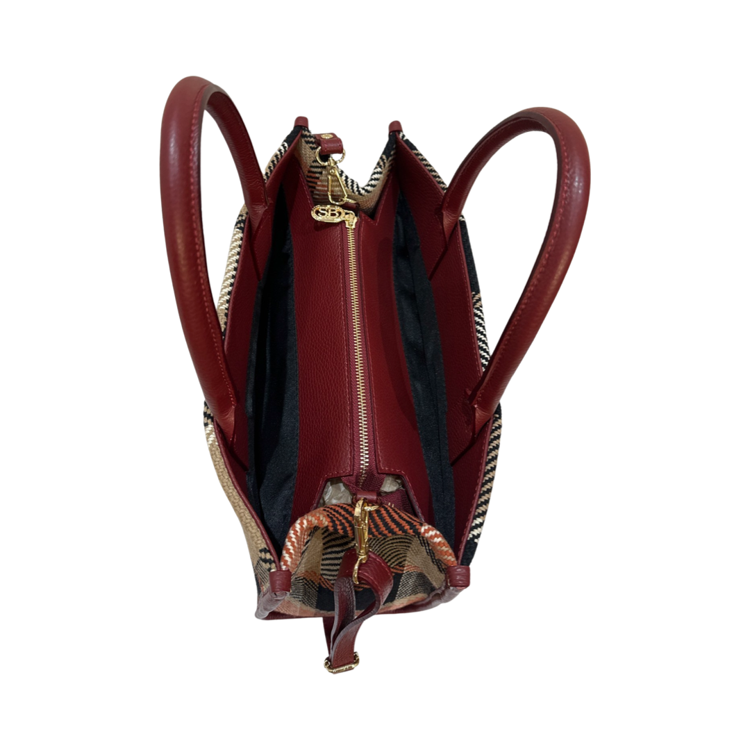Burgundy Fabric with Leather Tote Bag Inside