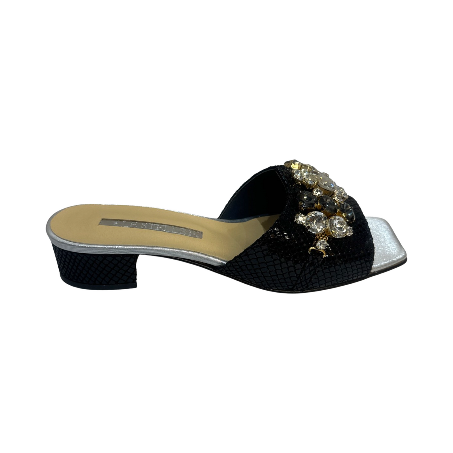 Rhinestone Flat Mules with leather lining and fabric sole, trendy summer footwear.