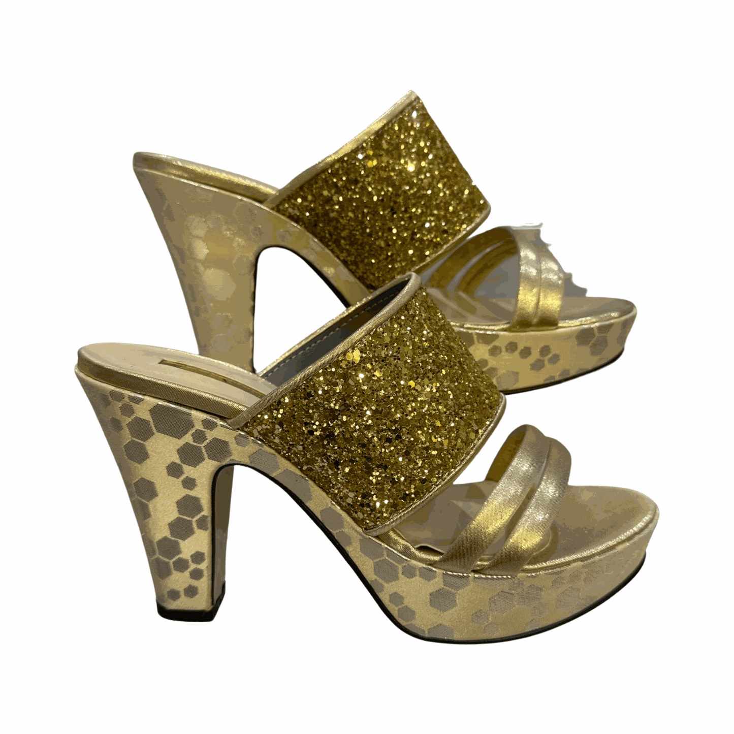 Embellished gold shimmer dressy wedges with rhinestones and block heels.