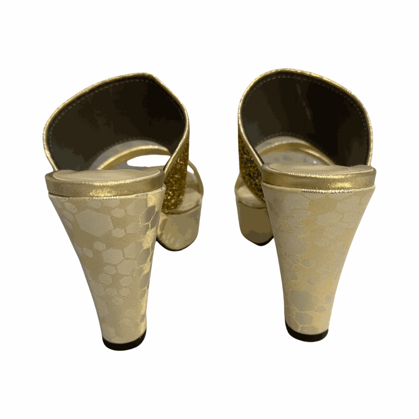 Embellished gold shimmer dressy wedges with rhinestone detailing and 4-inch block heels.