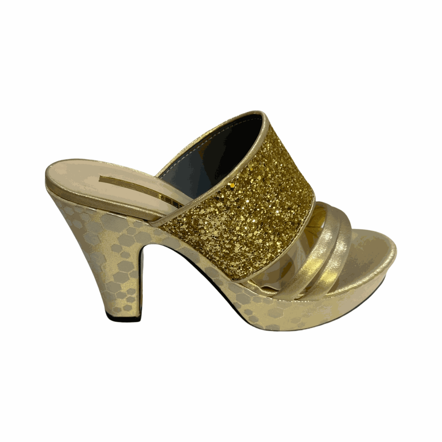 Embellished gold shimmer dressy wedges with rhinestones and block heel.