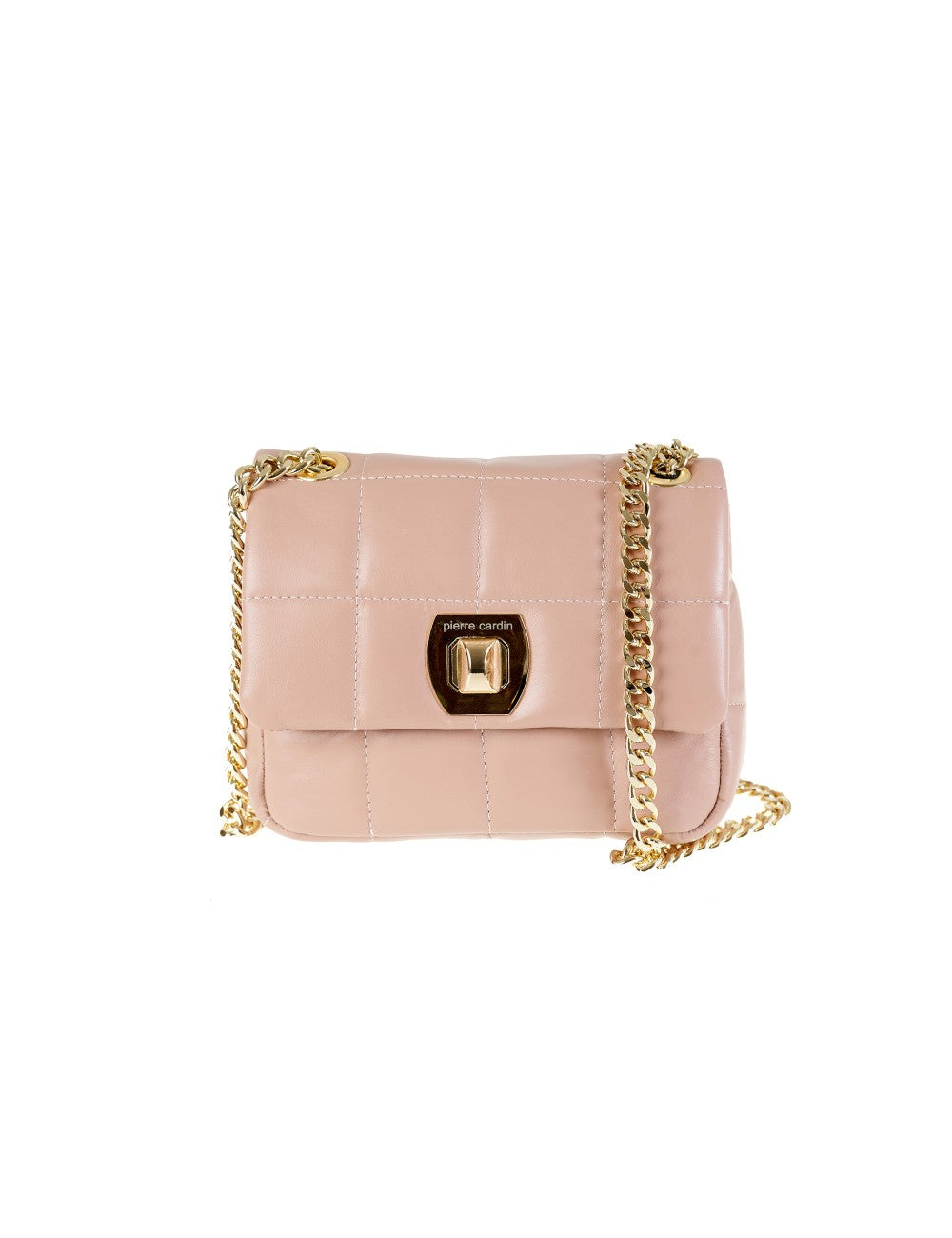Quilted crossbody leather bag with gold chain straps and Pierre Cardin logo closure.