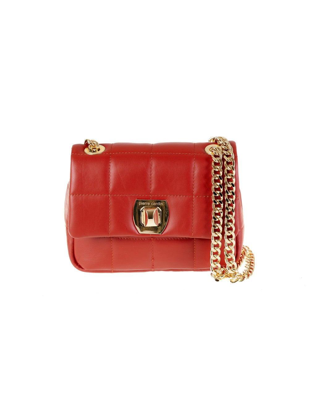 Quilted Crossbody Leather Bag with gold chain handle and logo closure.