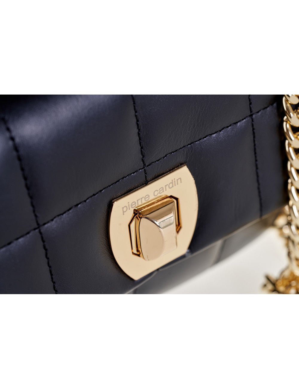 Quilted crossbody leather bag with gold Pierre Cardin logo and chain handle.