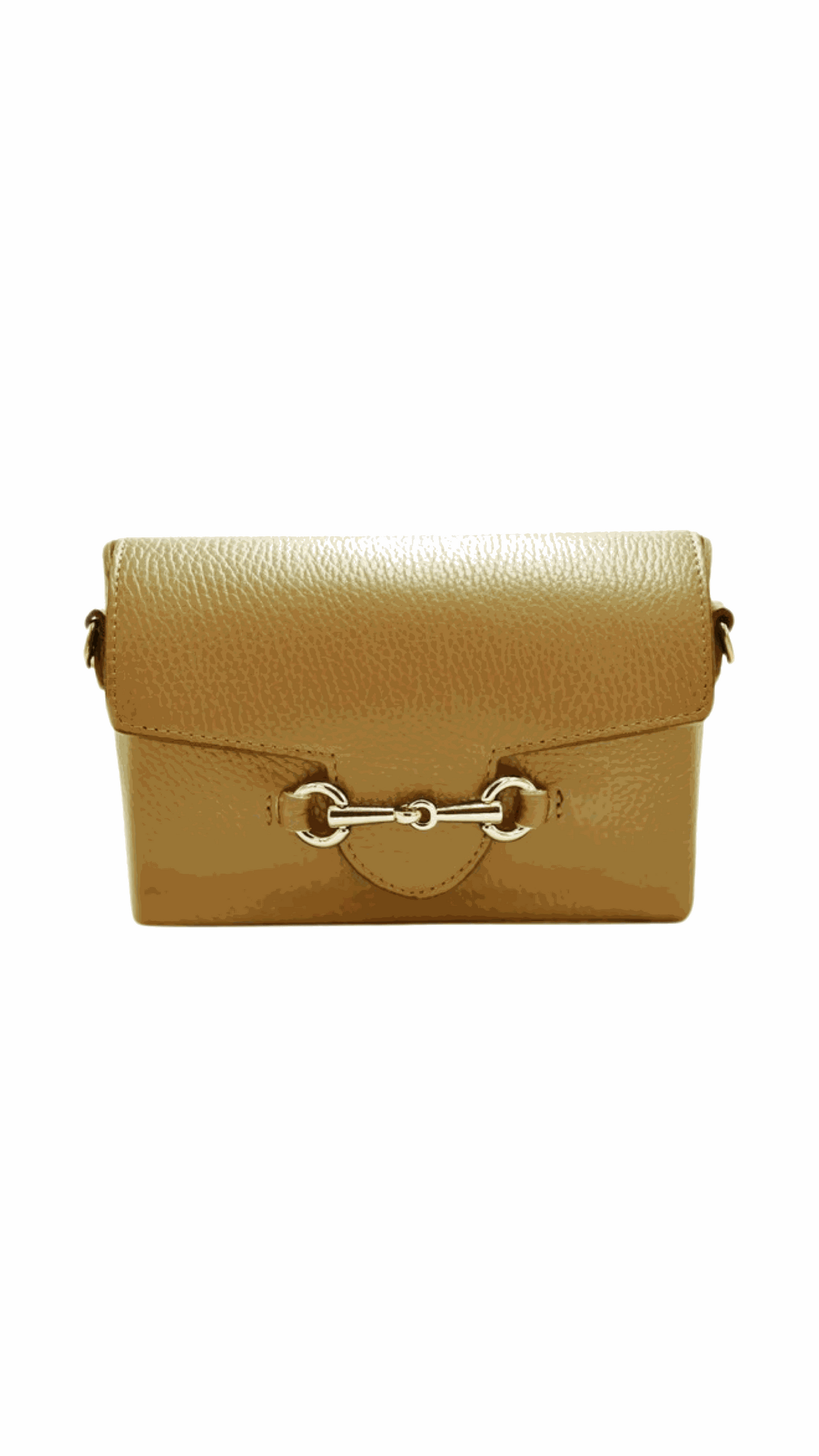 Mini leather tote bag with gold bee flap and detachable shoulder strap.