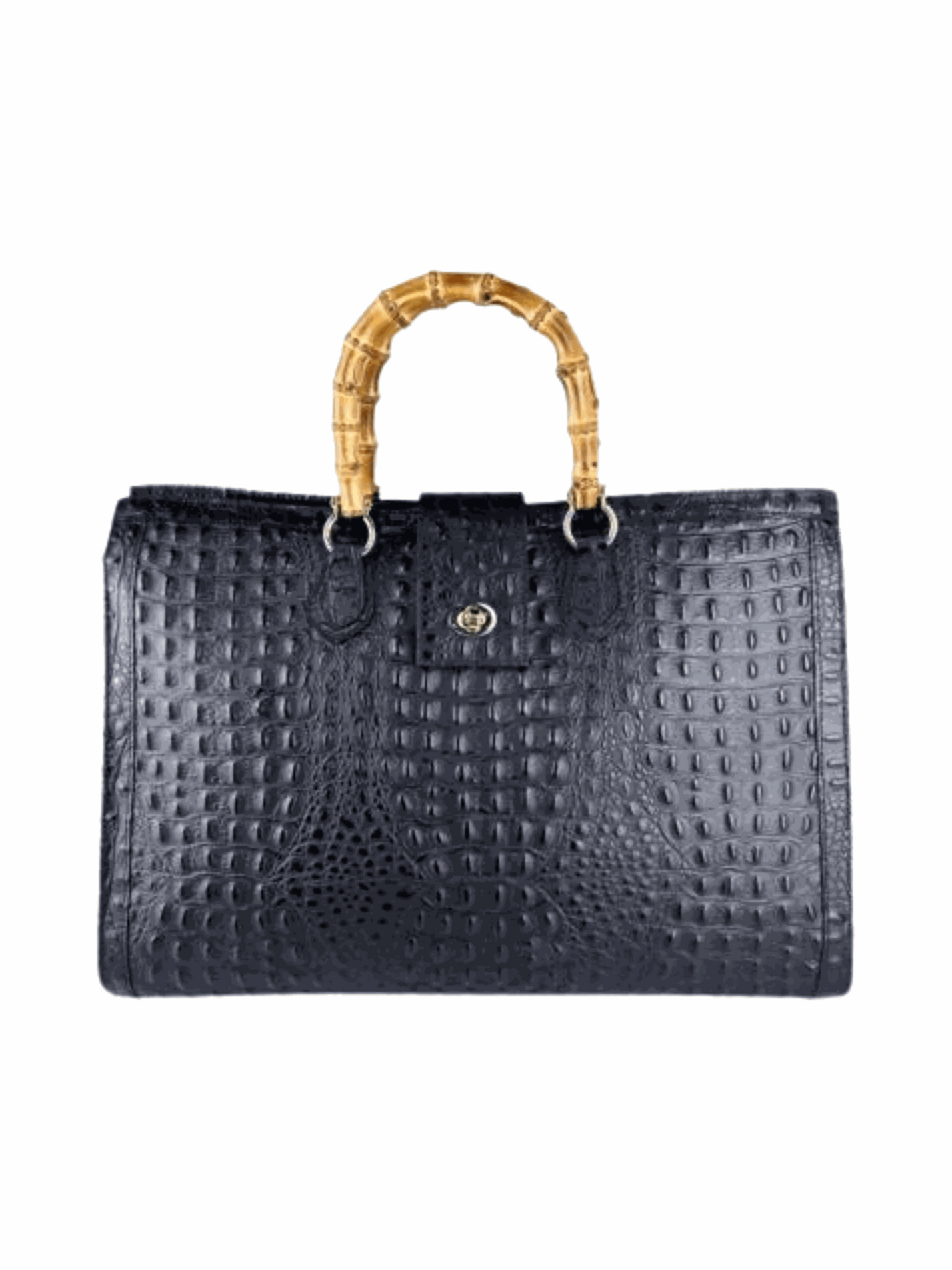 Leather tote bag with bamboo Oversized Black Front