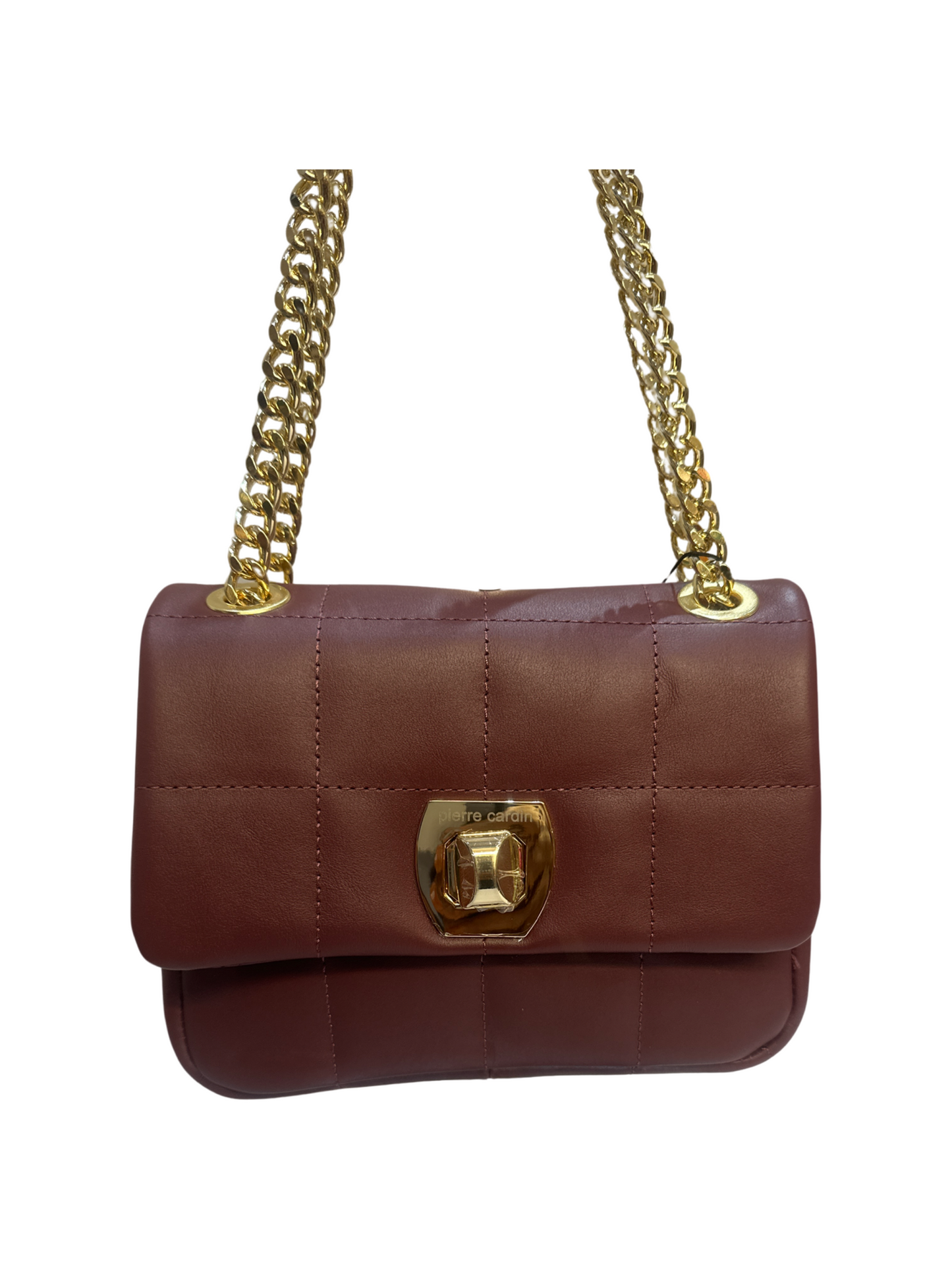Quilted crossbody leather bag with Pierre Cardin logo and chain handles.