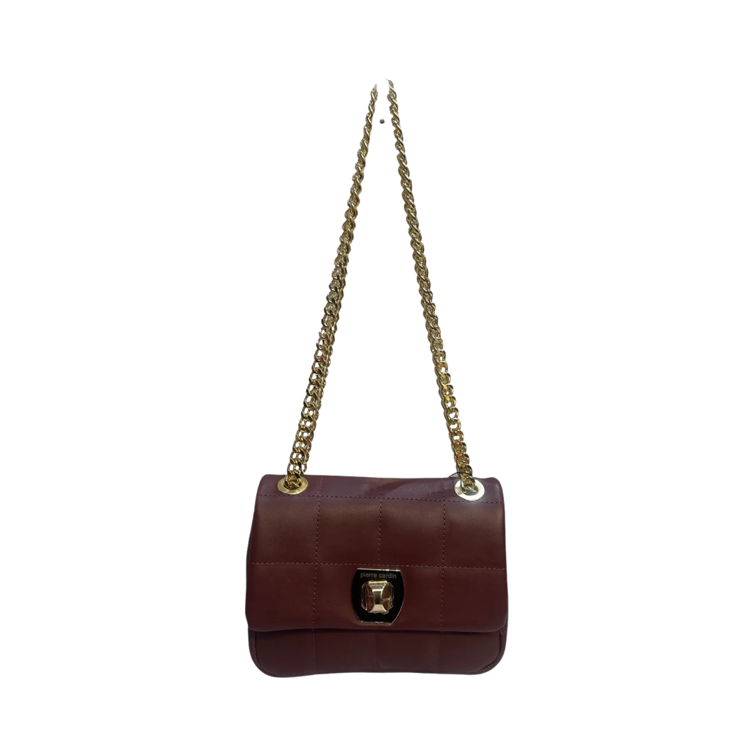 Quilted Crossbody Leather Bag with chain handle and Pierre Cardin logo.