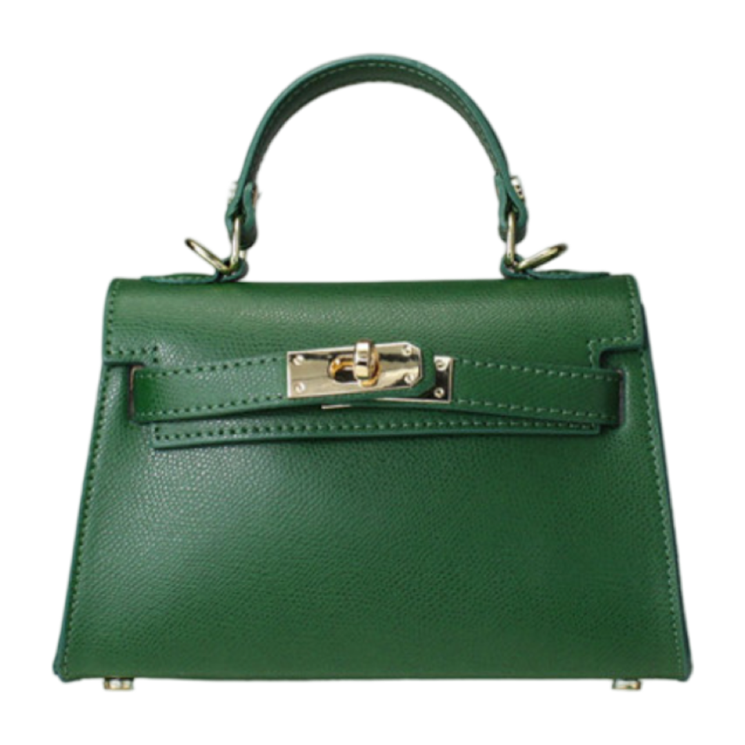 Green leather small tote bag with gold hardware and structured design.