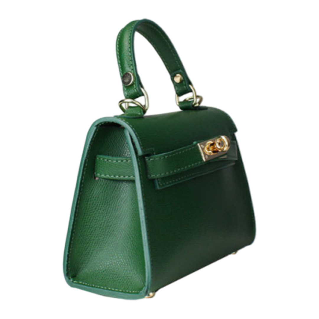Side view of a green leather small tote bag with gold clasp hardware.