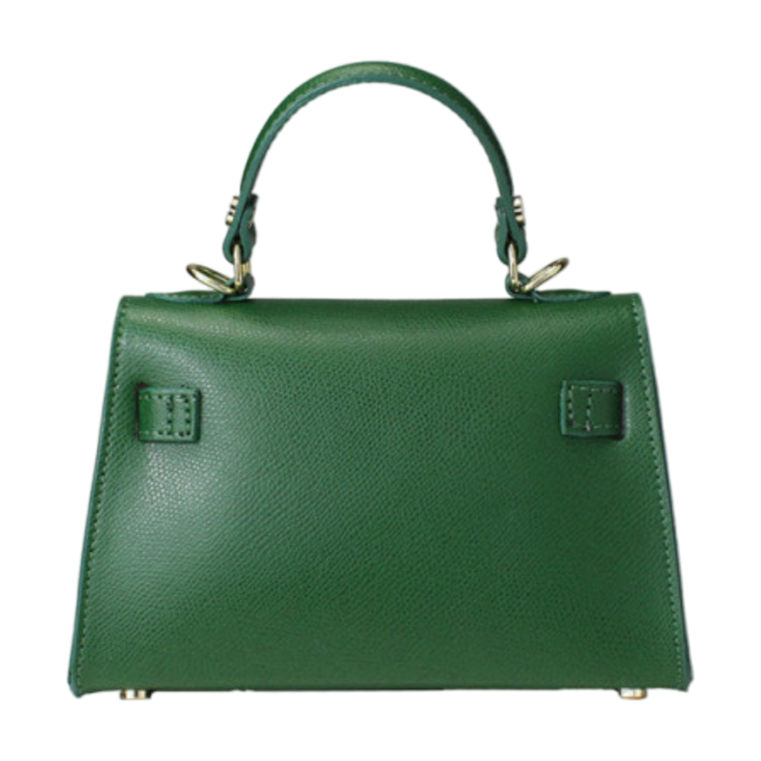Back view of a green leather small tote bag with structured design.