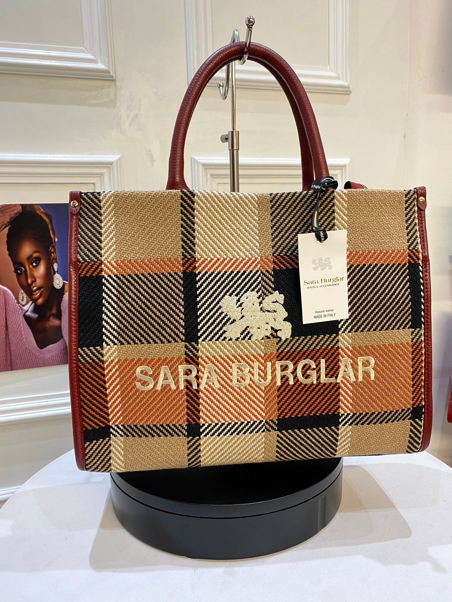 Sara Burglar Burgundy Fabric with Leather Tote Bag
