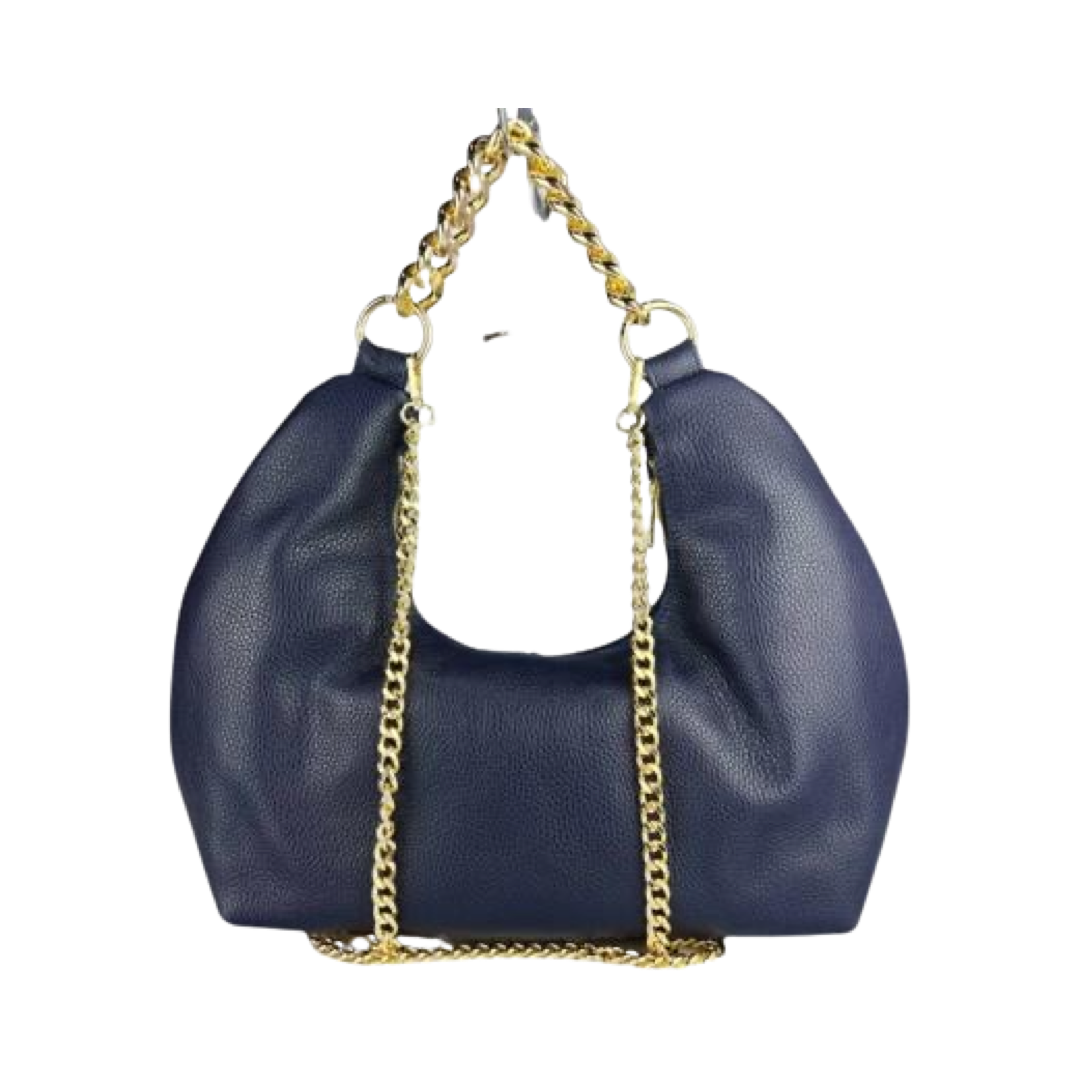Tan leather tote bag featuring bold gold chain shoulder strap