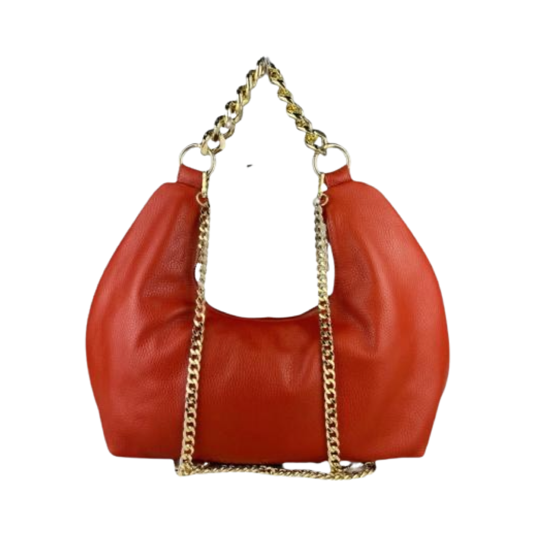 Orange leather handbag with twin gold chains and logo charm