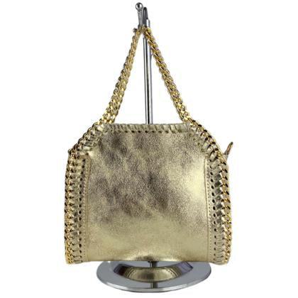 Gold laminated leather tote bag with whipstitch trims, chain handle, and removable shoulder strap made in Italy.