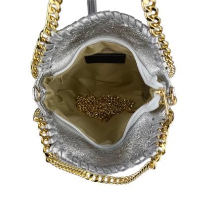 Leather tote bag with gold whipstitch trim, Italian-made, featuring a removable chain shoulder strap and zip closure.