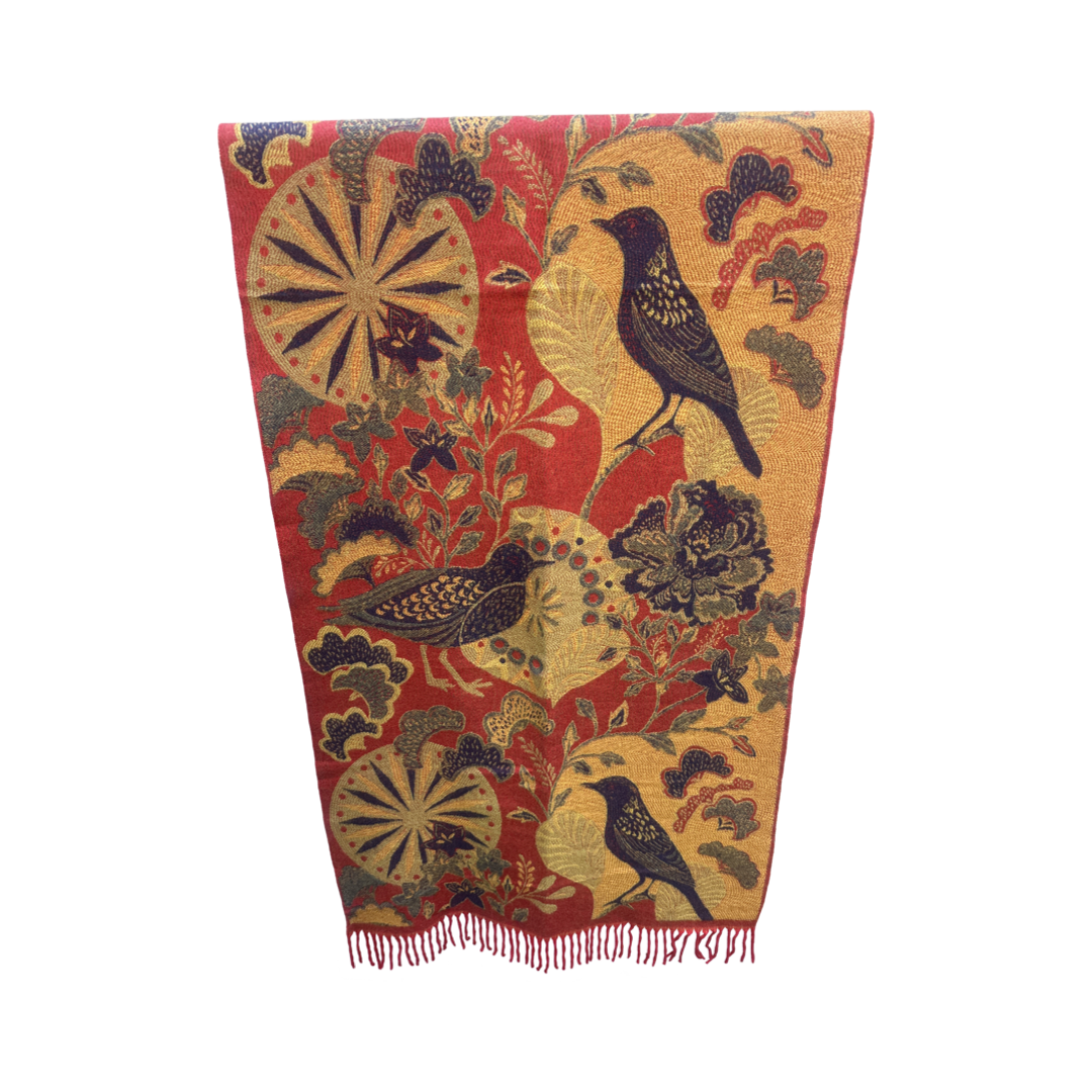 Red and gold rectangular scarf with floral wheel design