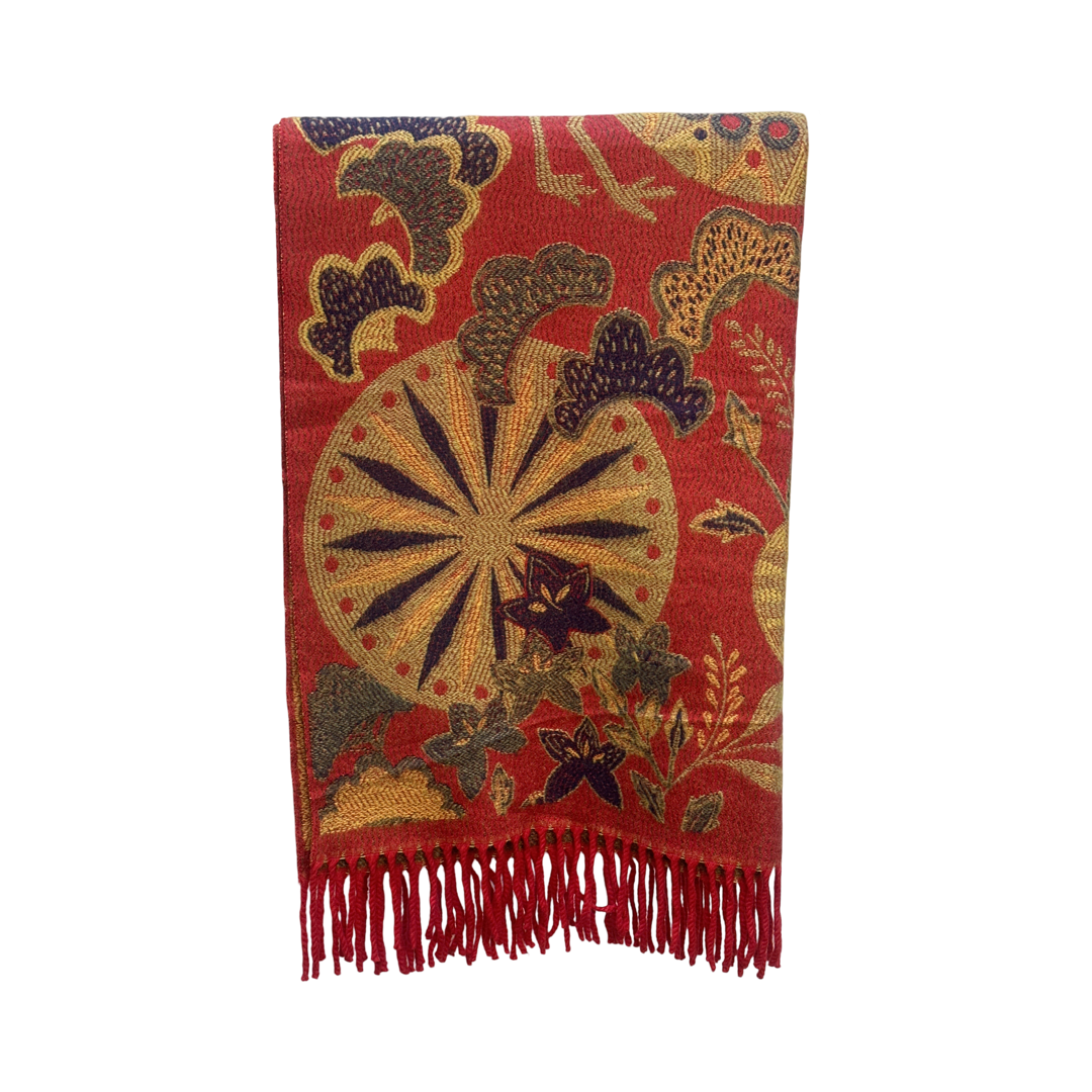 Red and gold rectangular scarf with floral wheel design