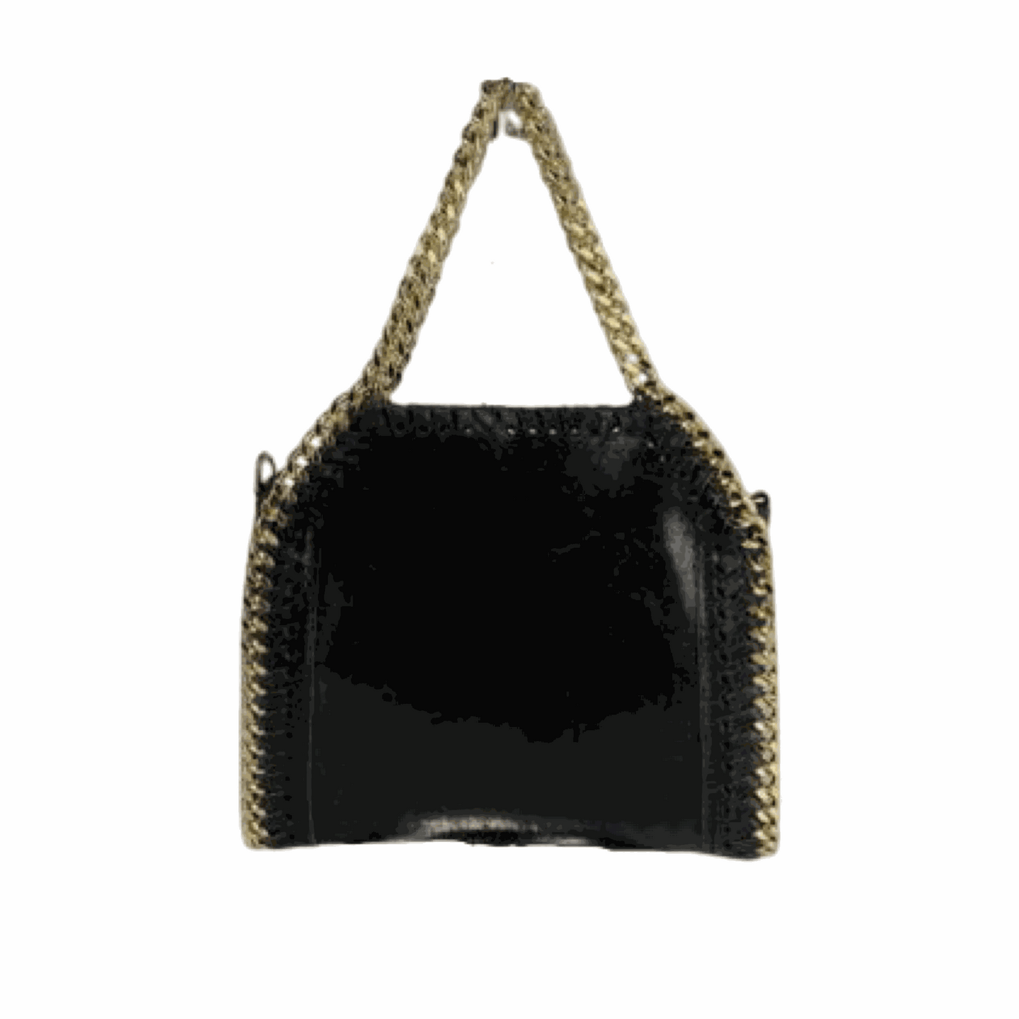 Leather tote bag with gold whipstitch trims and chain handles.