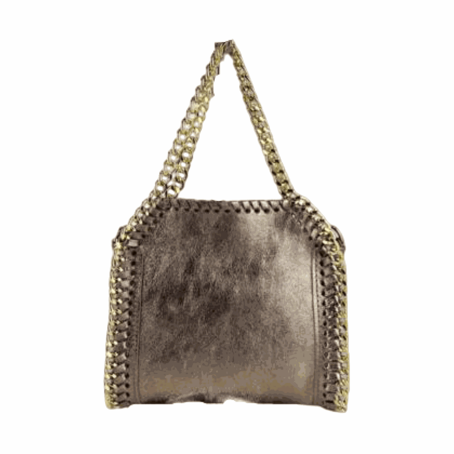Laminated leather tote bag with gold whipstitch trims and chain handle.