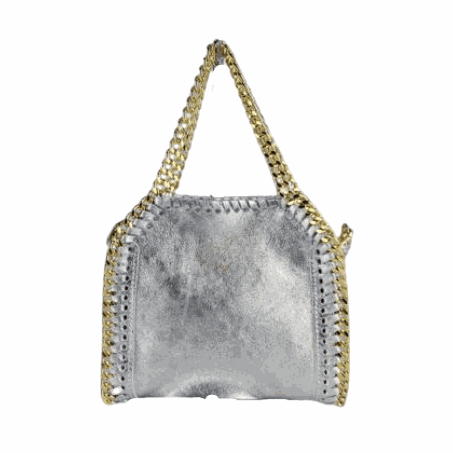 Laminated gold whipstitch trims leather tote bag with chain handle and removable strap.