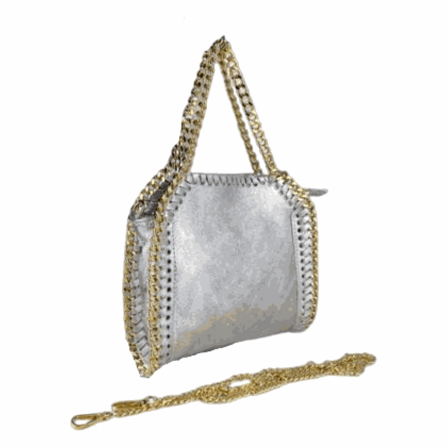 Laminated gold whipstitch leather tote bag with chain strap and zipper, made in Italy.