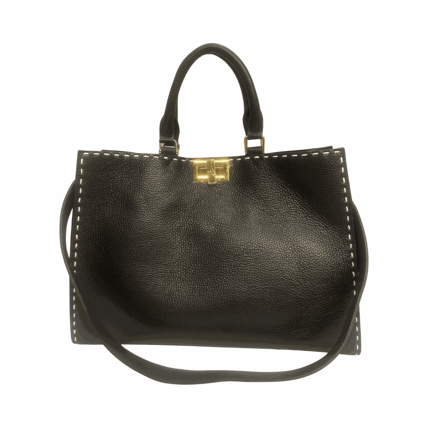 Large leather tote bag with gold turn lock and detachable shoulder strap, made in Italy.