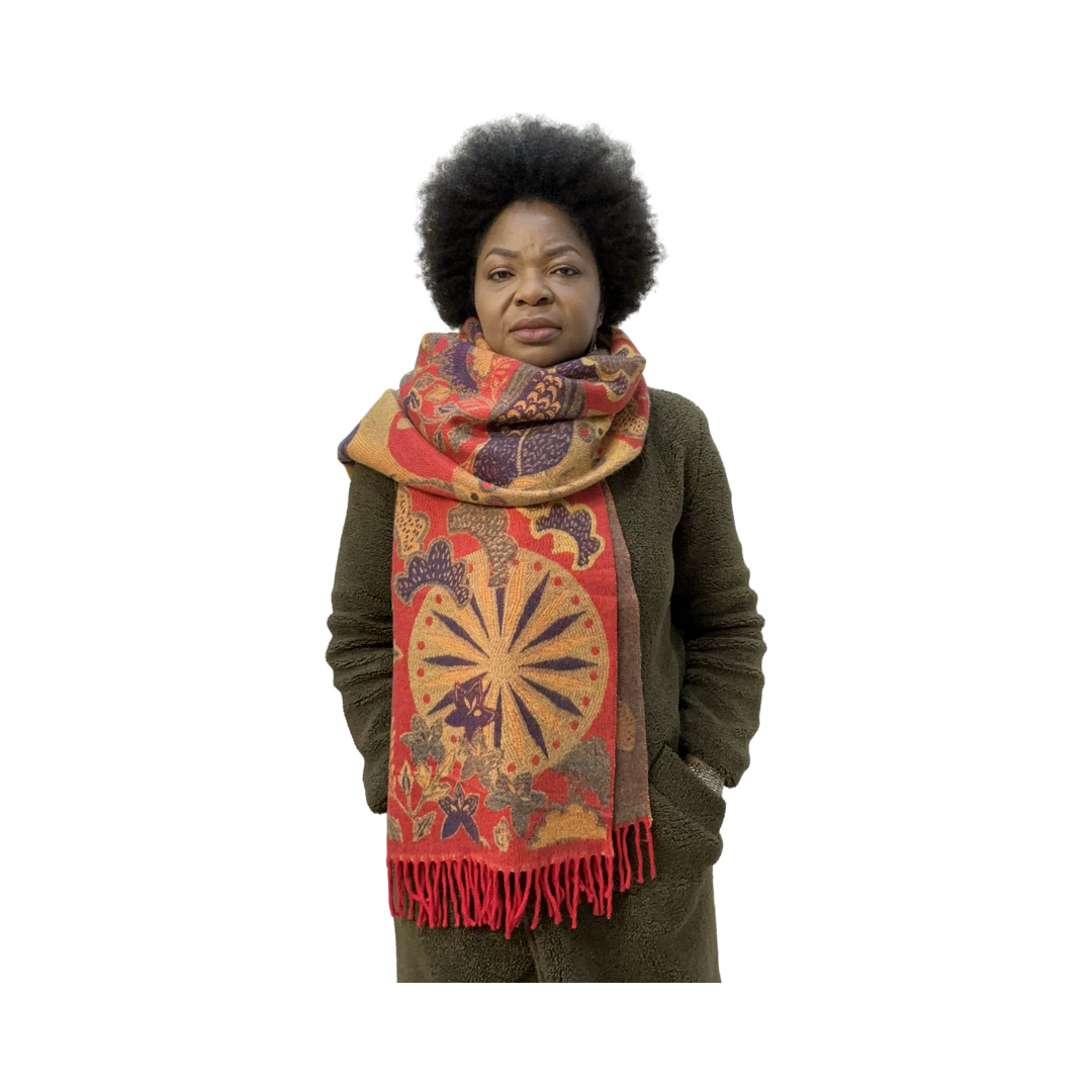 Woman wearing bold red floral rectangular tapestry scarf
