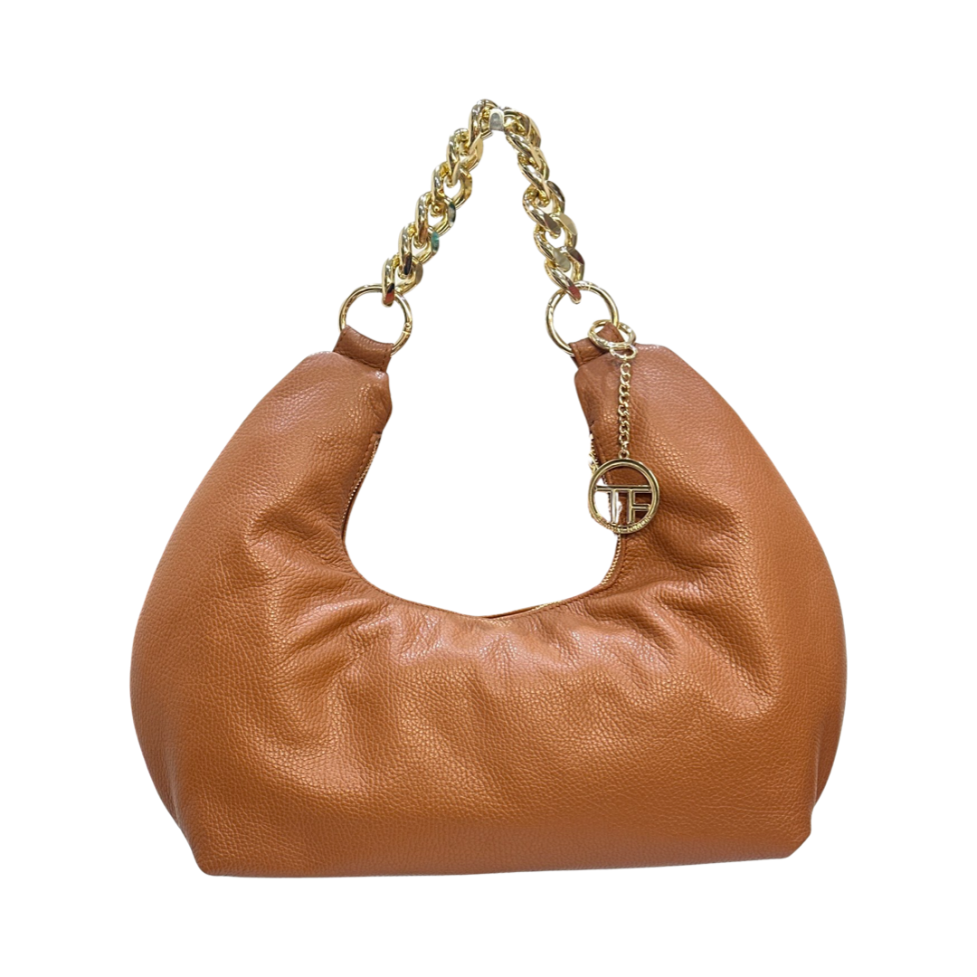 Brown leather shoulder bag with luxe gold-tone chain handle