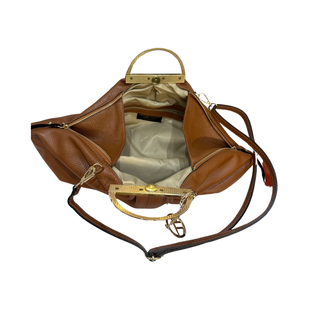 Leather Tote Bag with double handles, tassels, and adjustable shoulder strap, open view showing interior zip pocket.