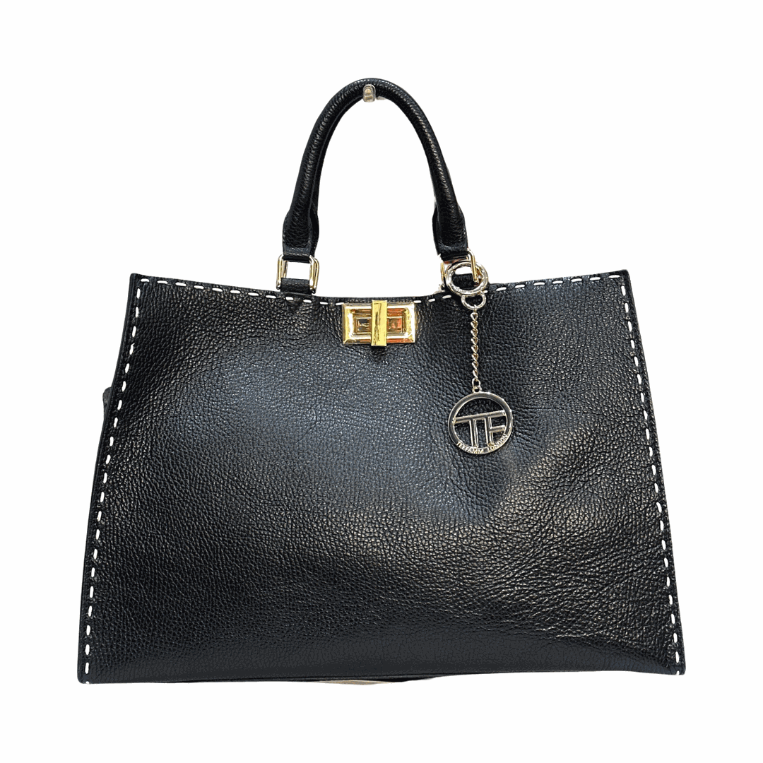 Large leather tote bag with gold turn lock, top handles, and detachable shoulder strap.