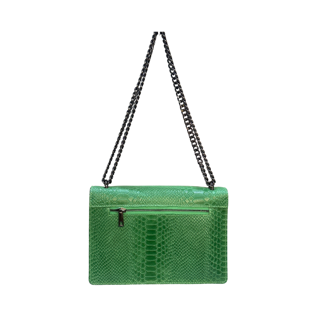 Green leather crossbody bag with chain strap and push-button clasp.