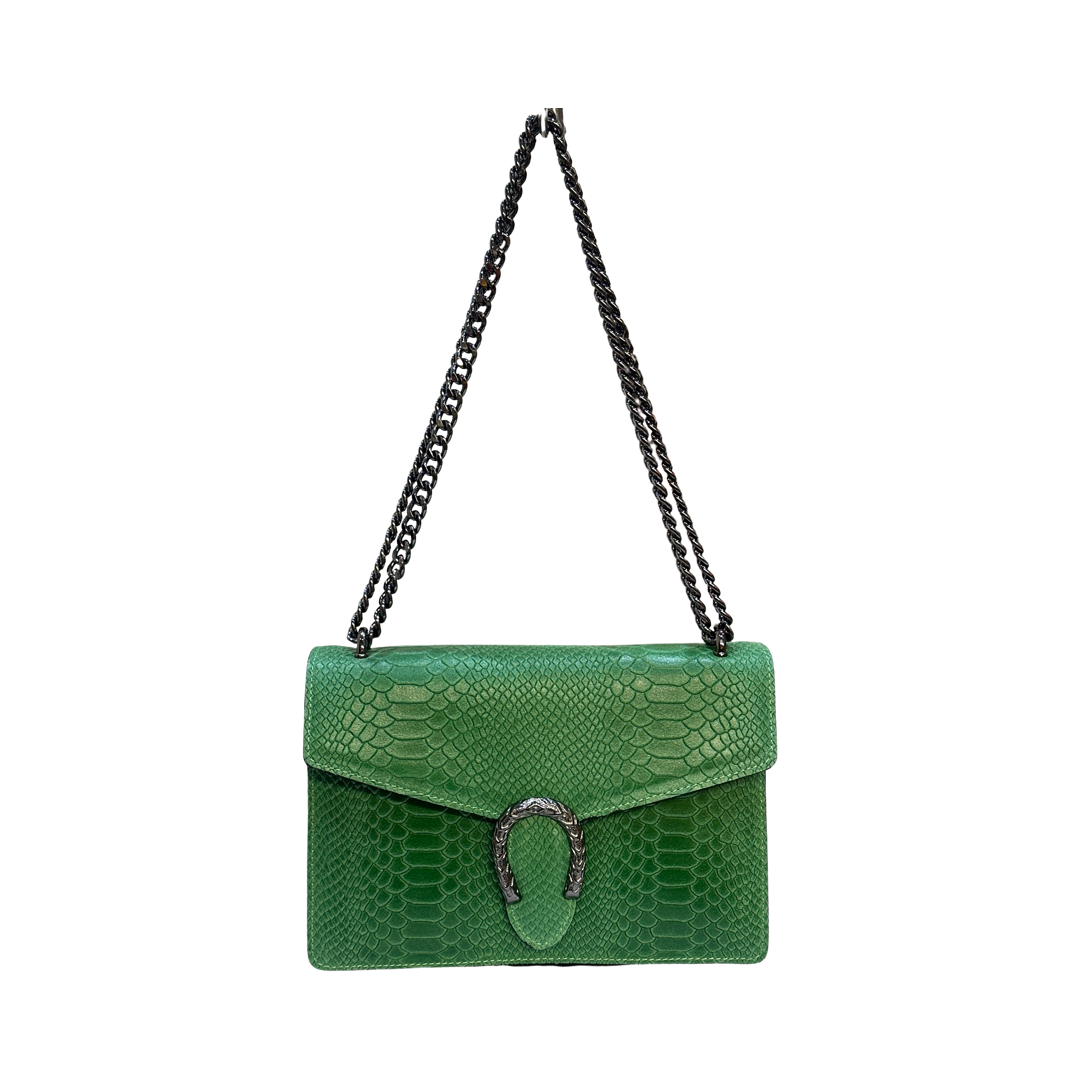Leather crossbody bag with chain strap and tiger hardware.