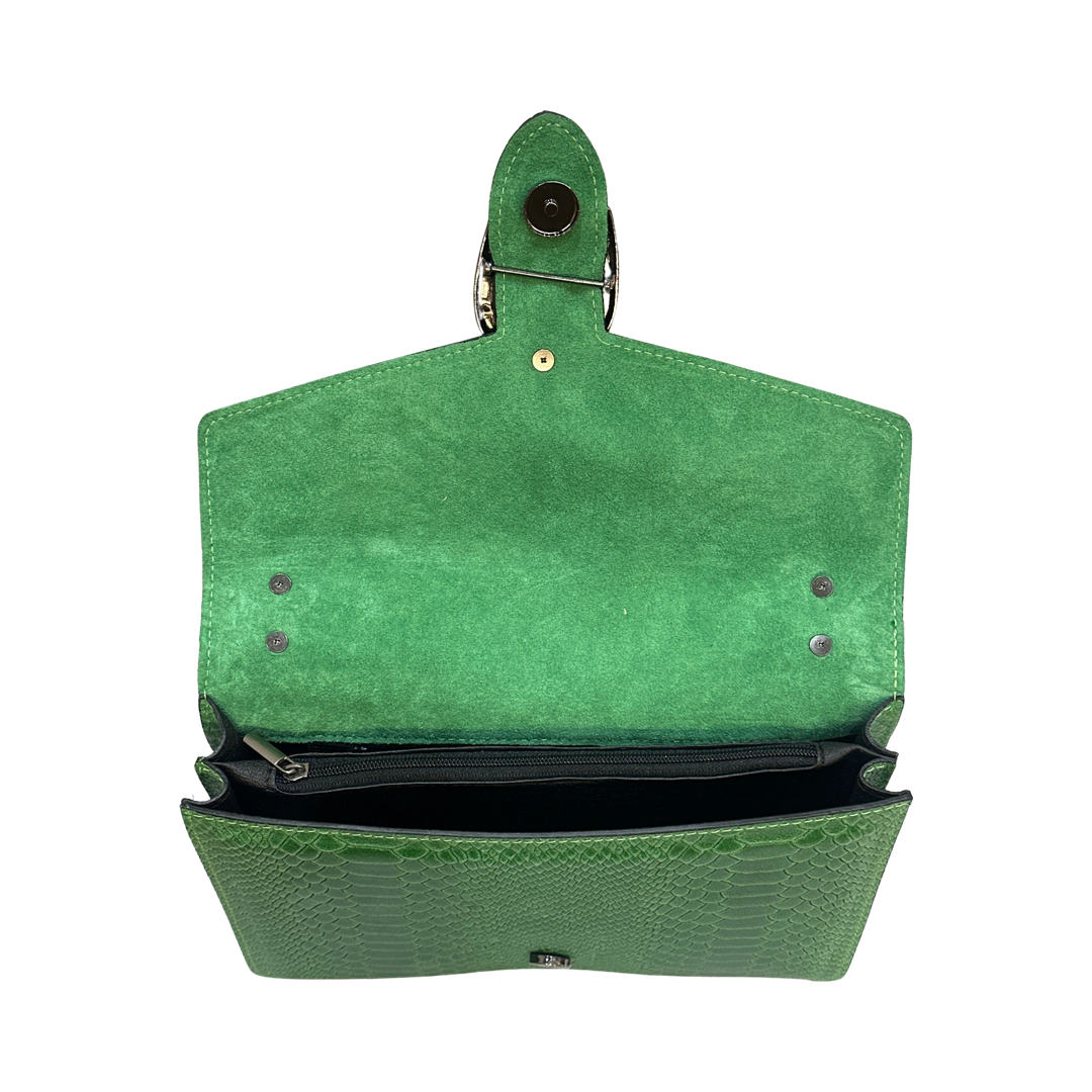 Leather Crossbody Bag with green calf leather, double-headed tiger hardware, and chain strap.