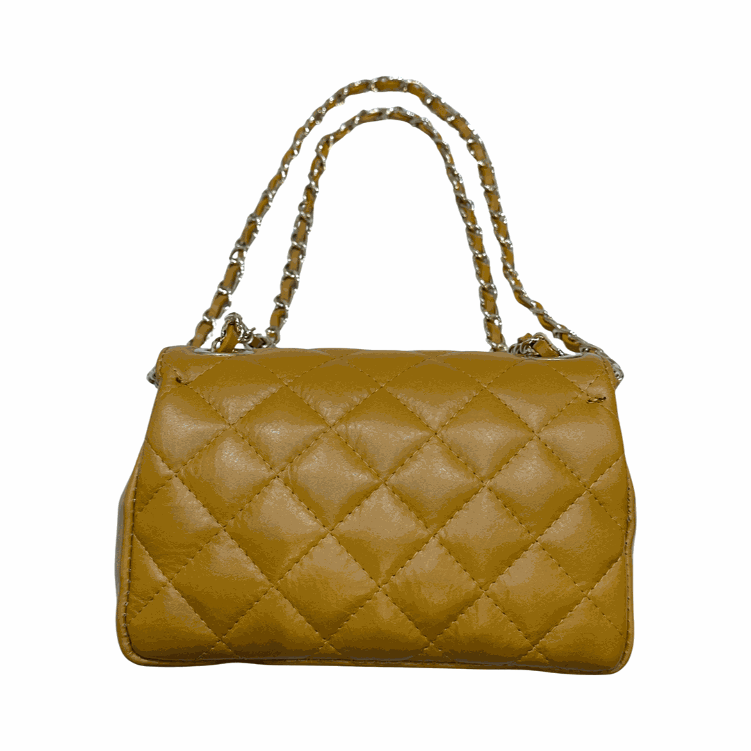 Quilted Crossbody Leather Bag with chain straps in gold.