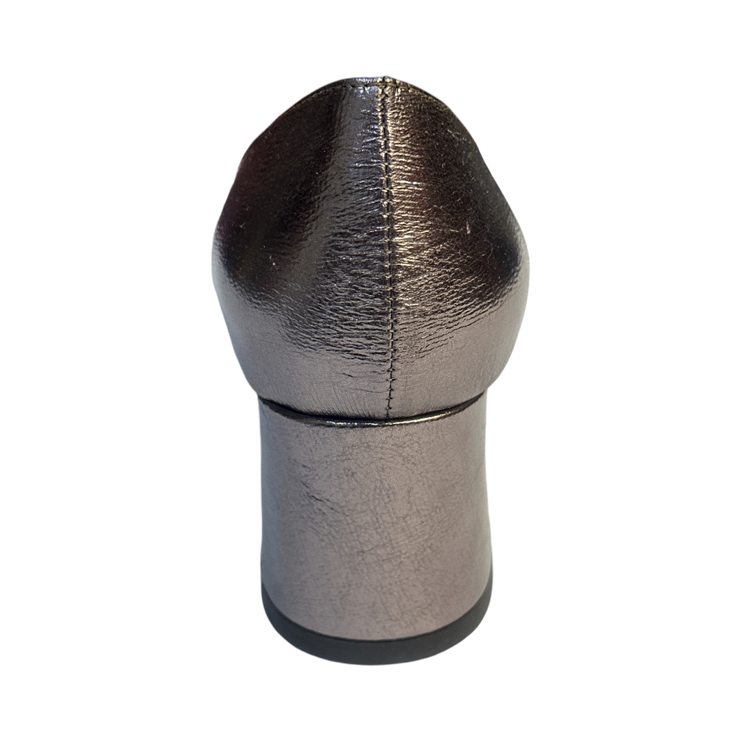 Patent silver mid block heel comfort court shoe with leather sole and padded insole.