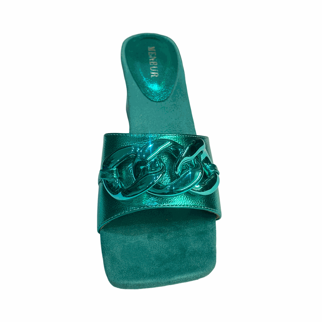 Block Heel Chain Candy Colours Mules with Gold Rhinestone embellishment.