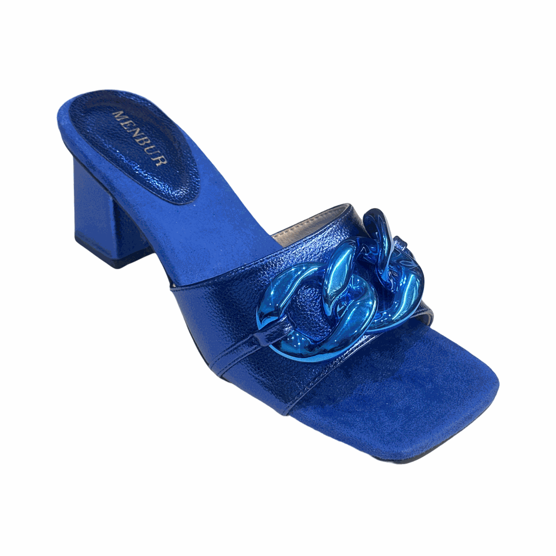 Block heel chain candy colours mules with square toe and embellished design.