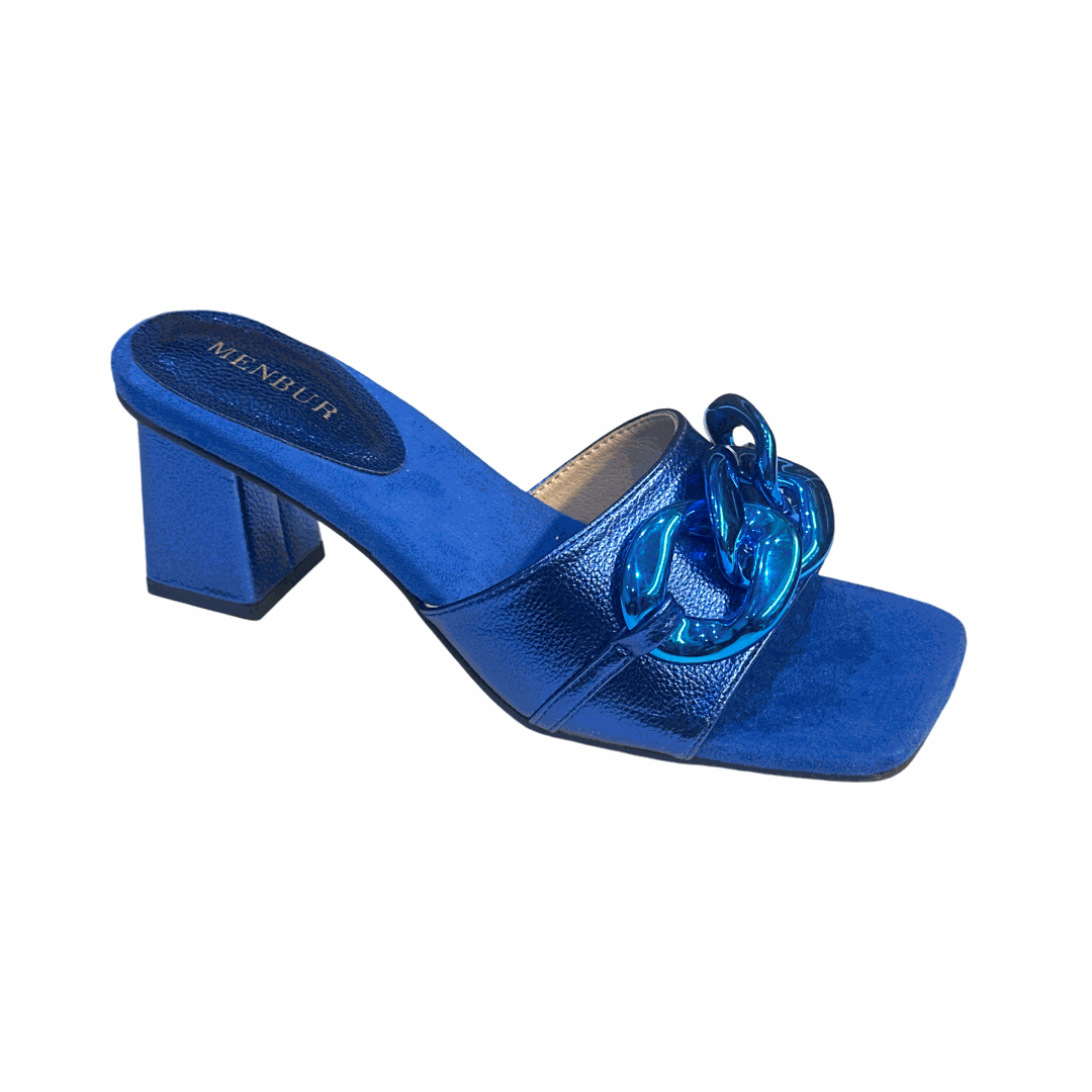 Blue block heel mules with chain embellishment and square toe.